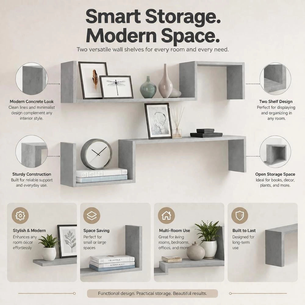 Wall Shelves, 2 Pieces, Concrete Grey, 100x15x20 Cm, Wood-based Material