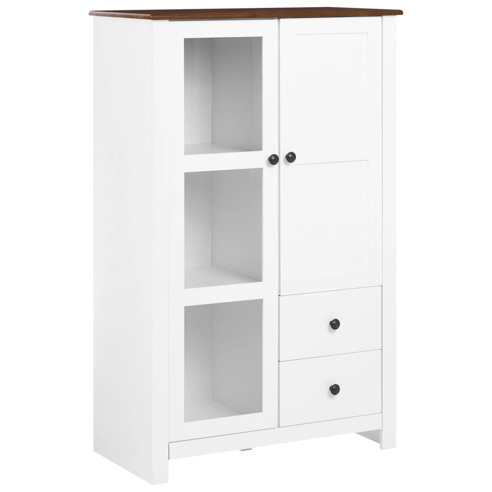 Vetrina bianca in MDF, 80 cm, vetrina alta con ante in vetro e cassetti, stile rustico-country