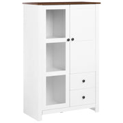 Vetrina bianca in MDF, 80 cm, vetrina alta con ante in vetro e cassetti, stile rustico-country