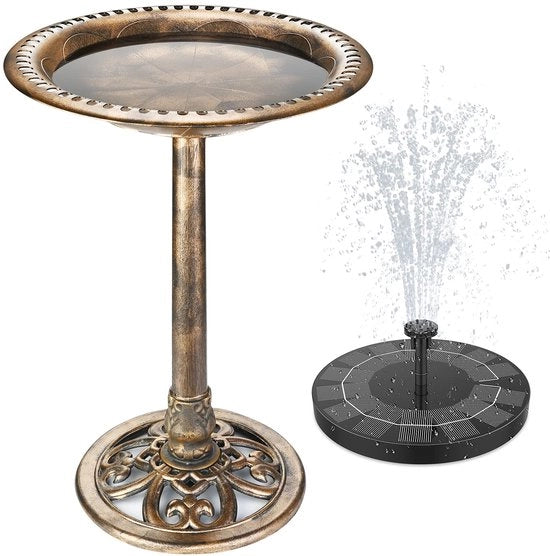 Vogelbad esterno con fontana solare da 2,5W, area di nutrizione, decorazione per giardino e balcone, vasca per uccelli, area di nutrizione per uccelli, vasca per bere per balcone e giardino, decorazione per giardino in bronzo e plastica.