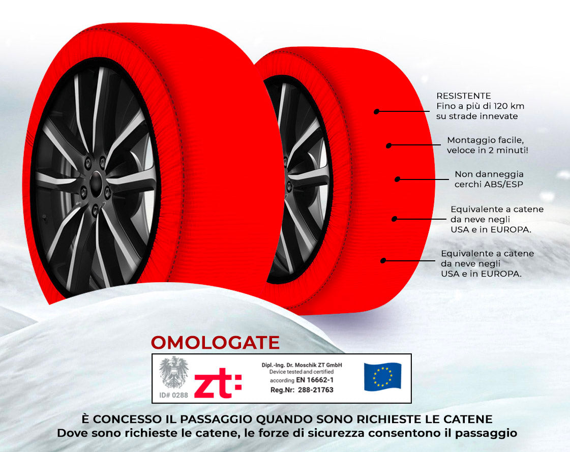 Calze da Neve per Auto Omologate EN 16662-1 Taglia XXL in Tessuto 3D Rosso