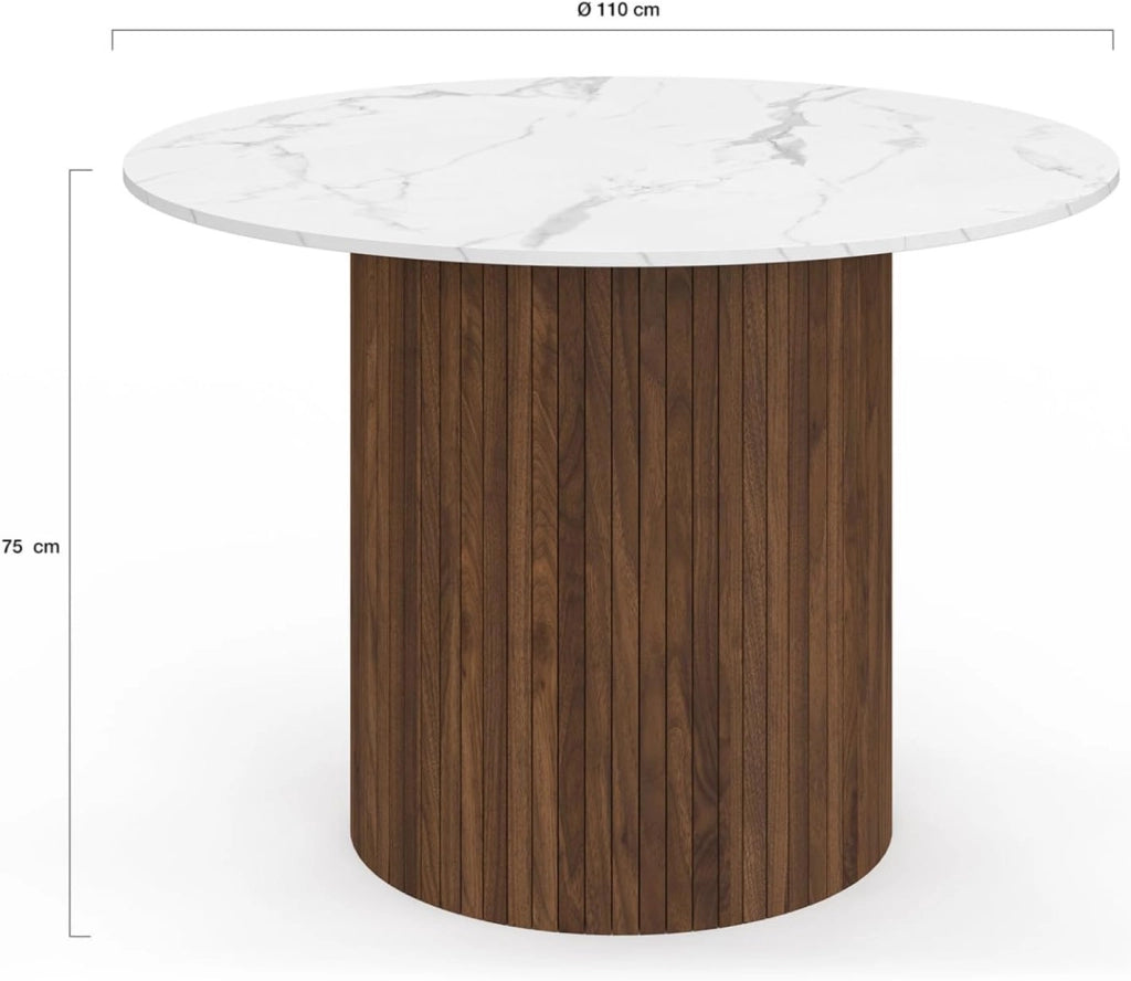 Tavolo da pranzo rotondo per 6 persone JULIETTE con gamba centrale a doghe in noce e piano in marmo bianco ALASKA 110 cm