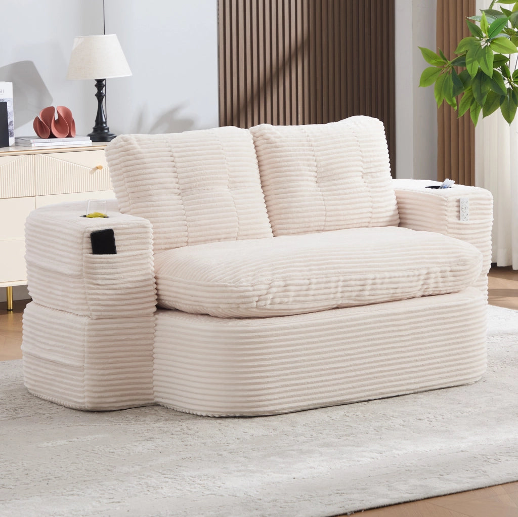 Poltrona relax 2 in 1 in velluto a coste beige con portabevande