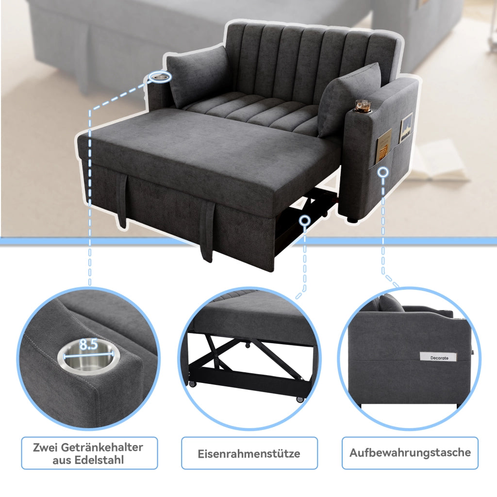OKWISH Divano Letto 2 Posti, Schienale Regolabile a 3 Posizioni, Portabicchieri, 2 Cuscini e Tasche, Cotone Lino Grigio