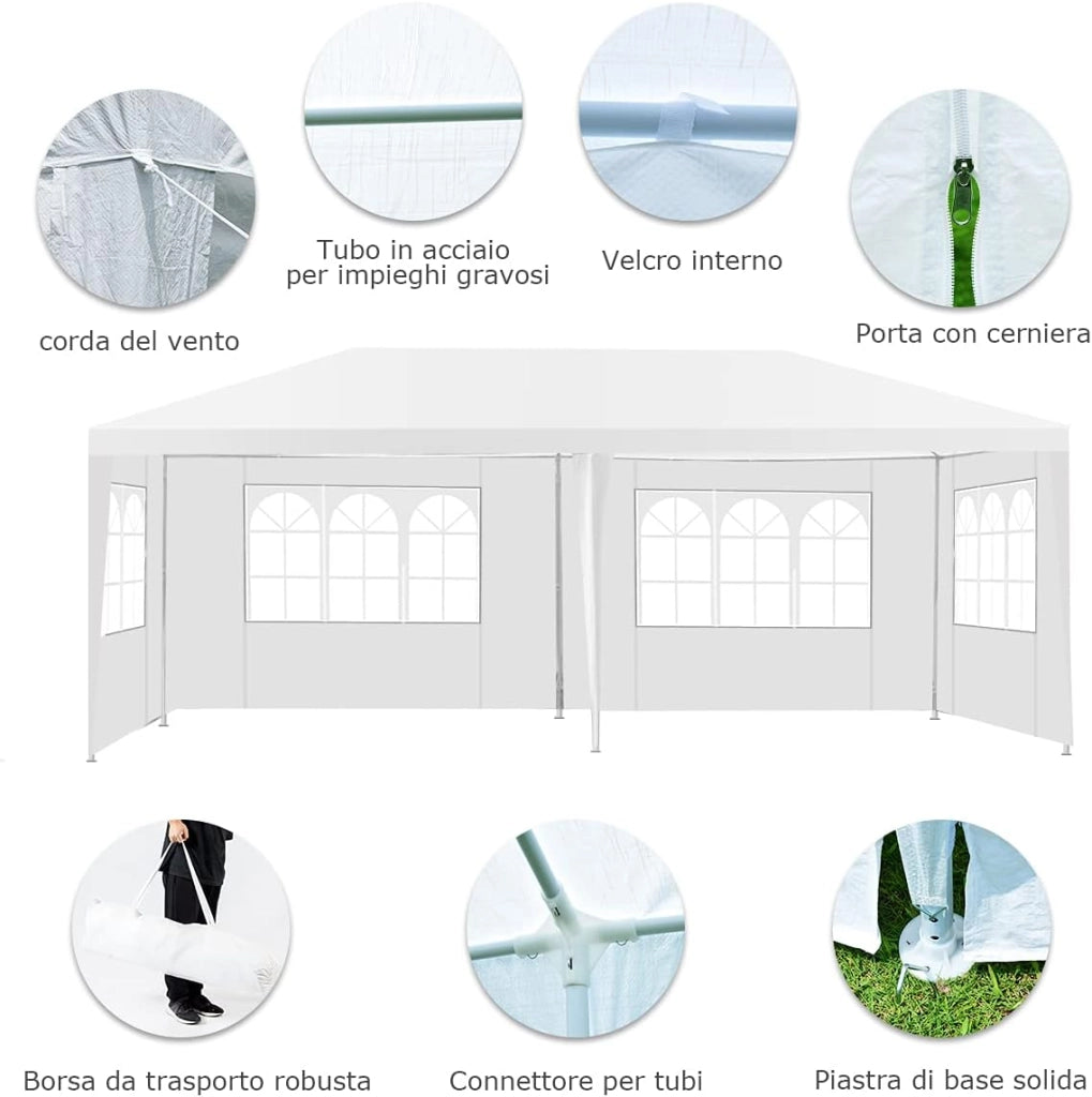 Gazebo da Giardino 6 x 3 m, Tendone per Feste con 4 Pareti Rimovibili, con Borsa di Trasporto, Impermeabile Protezione UV, per Matrimonio Eventi e Barbecue