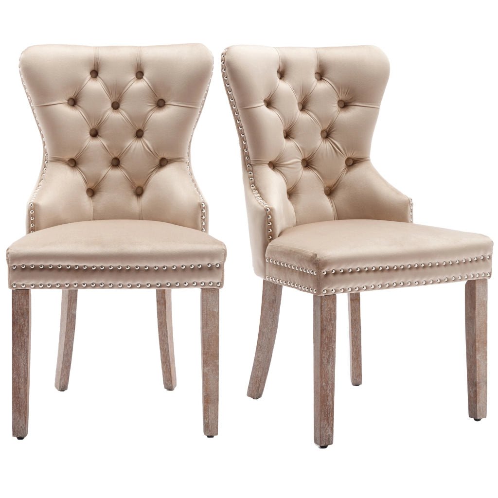 Sedia da Pranzo Imbottita in Velluto ¨C MINIMAL ¨C Beige, Gambe in Legno Massello, Set 2 Pezzi