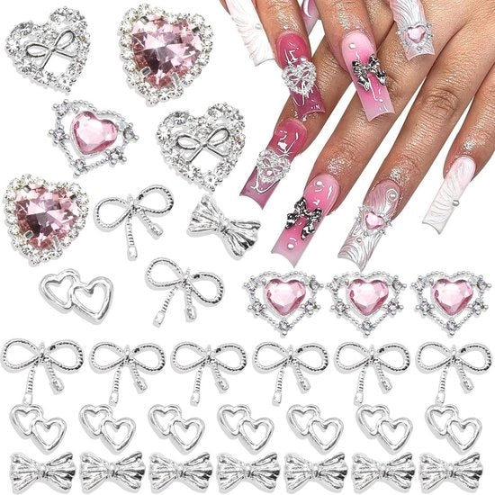 Accessori per unghie a forma di bolla - Cuore a forma di bolla argento - Pizzo rosa - Stile Y2K - Pietre per unghie - Lucido - Set di unghie - Accessori in acrilico - Donna - 32 pezzi.