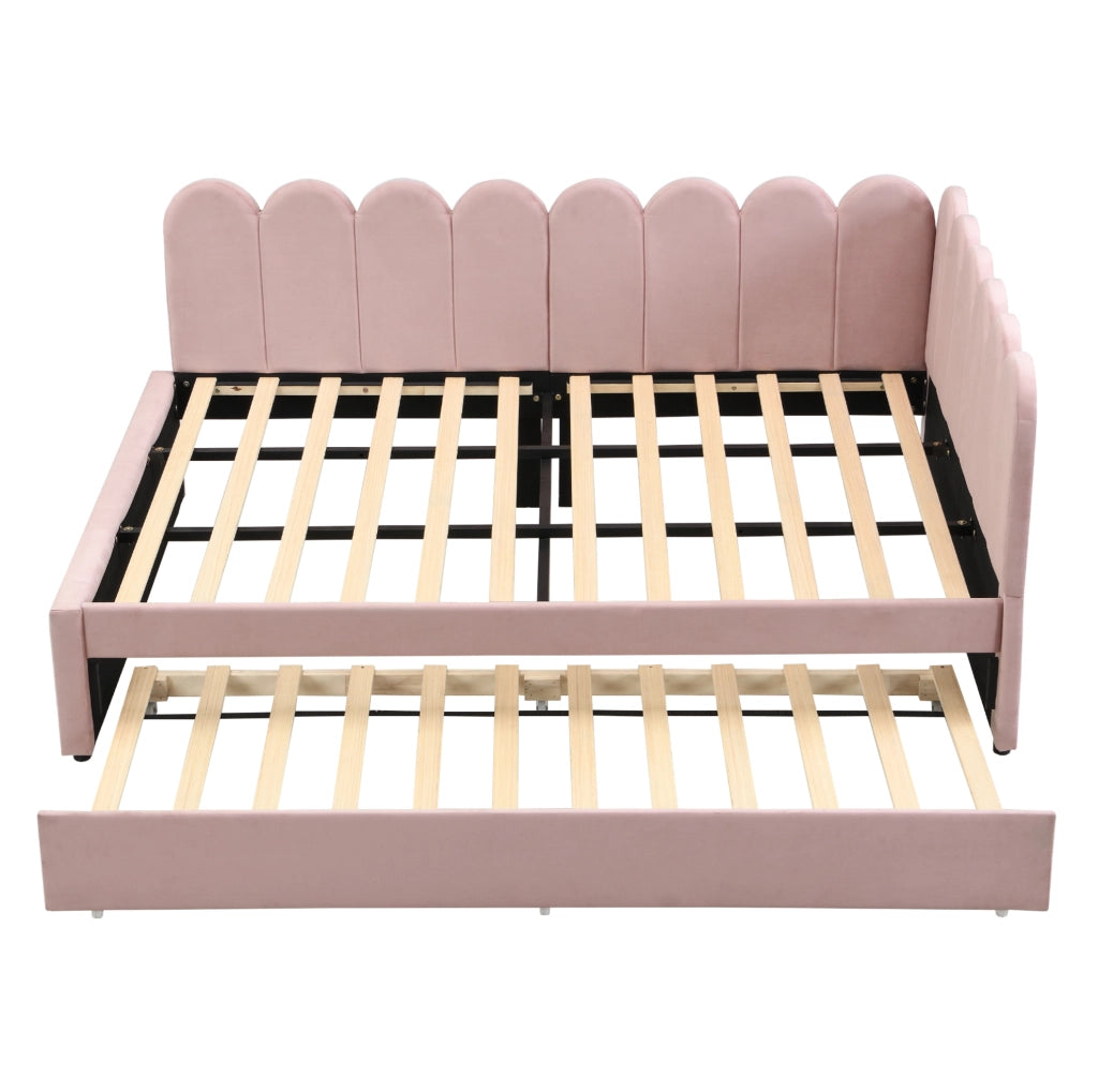 Letto imbottito angolare con letto estraibile 140x200 cm in velluto rosa