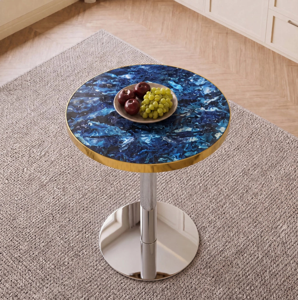 Tavolo rotondo 60x73;7 cm blu in MDF e metallo; base stabile