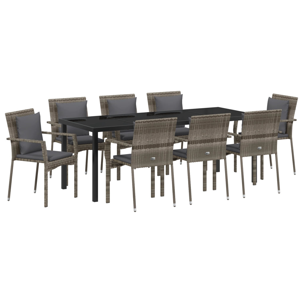 Set da Pranzo da Giardino da 9 Pezzi Con Cuscini Grigio Polyrattan