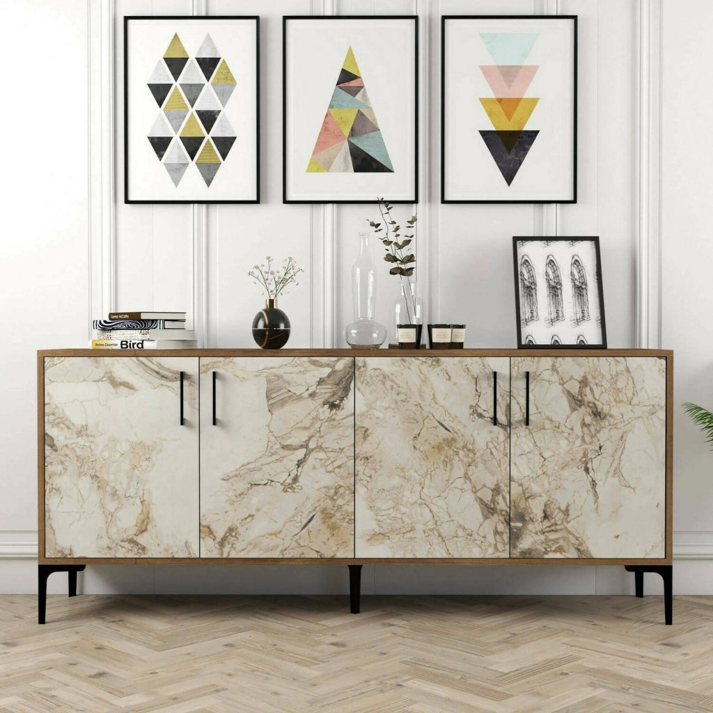 Credenza Agape, Buffet da soggiorno, Madia da salotto, Dispensa da cucina, 180x35h78 cm, Noce e Bianco Marmo