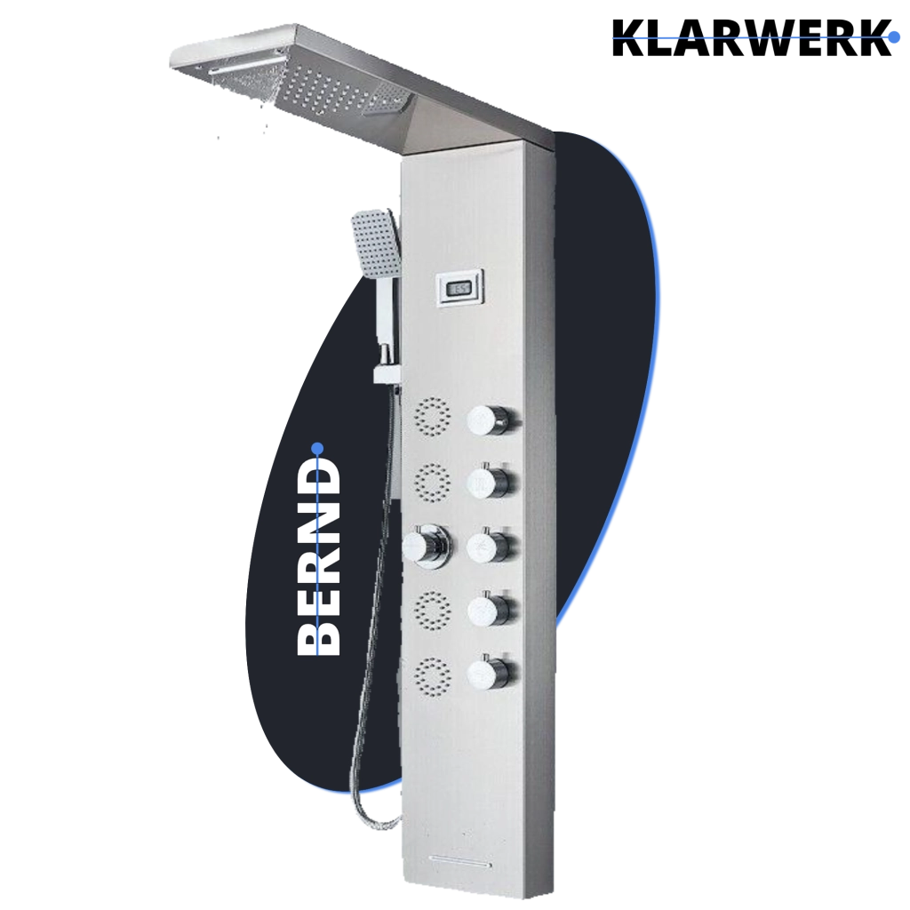 BERND | Pannello doccia premium a pioggia in acciaio inox | Sistema doccia massaggiante in argento spazzolato | Rubinetto miscelatore sistema