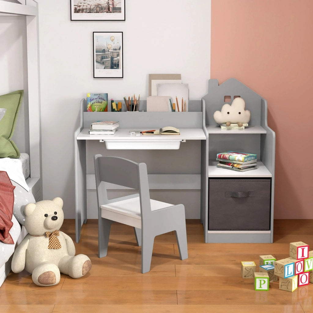 Set scrivania e sedia per bambini con mensole aperte e cassetto in tessuto, Tavolo da studio per bambini Bianco e grigio-Tavoli e sedie