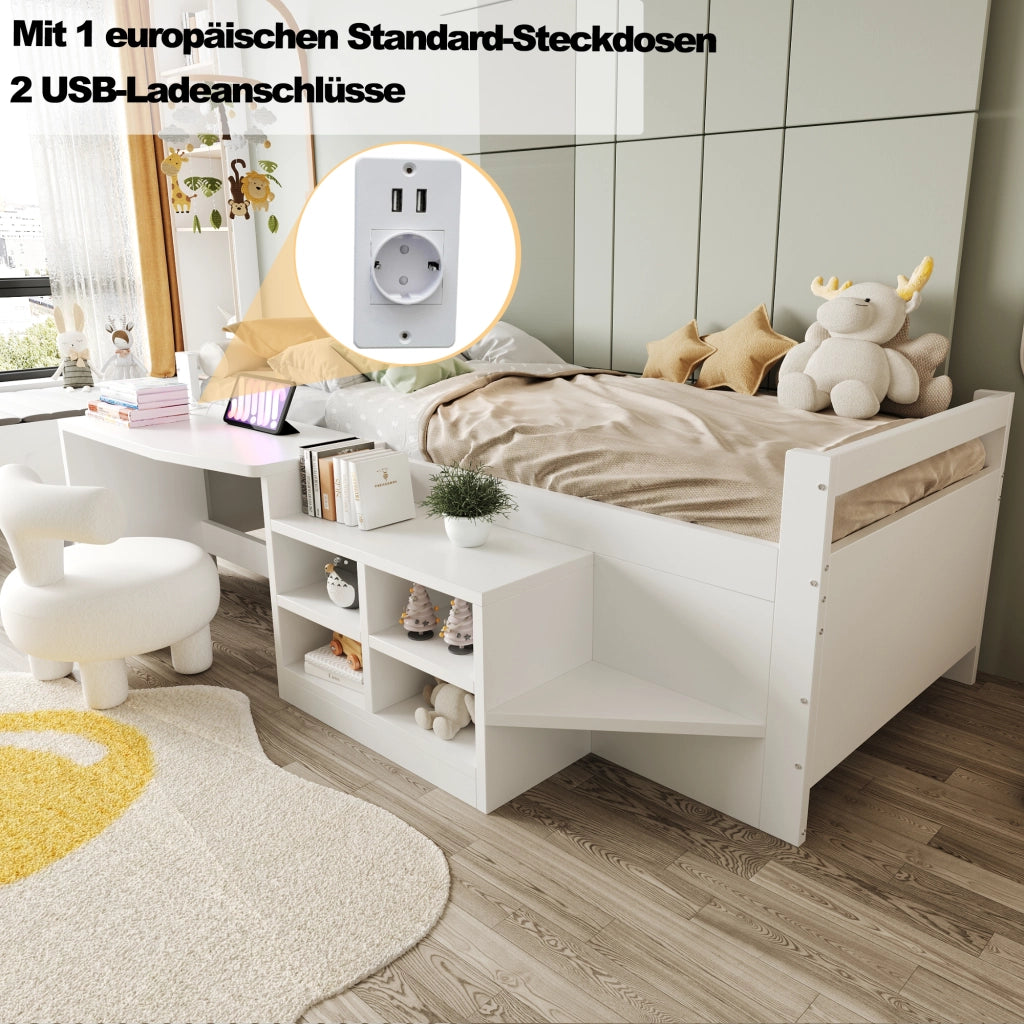 LETTO Singolo 90x200 cm con scrivania, vani contenitori e prese USB Bianco