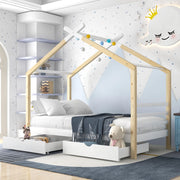 OKWISH Letto a Casetta 90×200 cm, Letto Singolo con 2 Cassetti e Rete, senza Materasso, in Legno Massello e MDF, Bianco