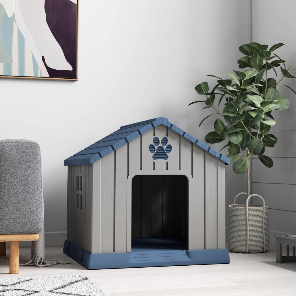 Casetta per Cani da Esterno 85x79x82 cm con Base Rialzata e Finestre in Plastica Grigio