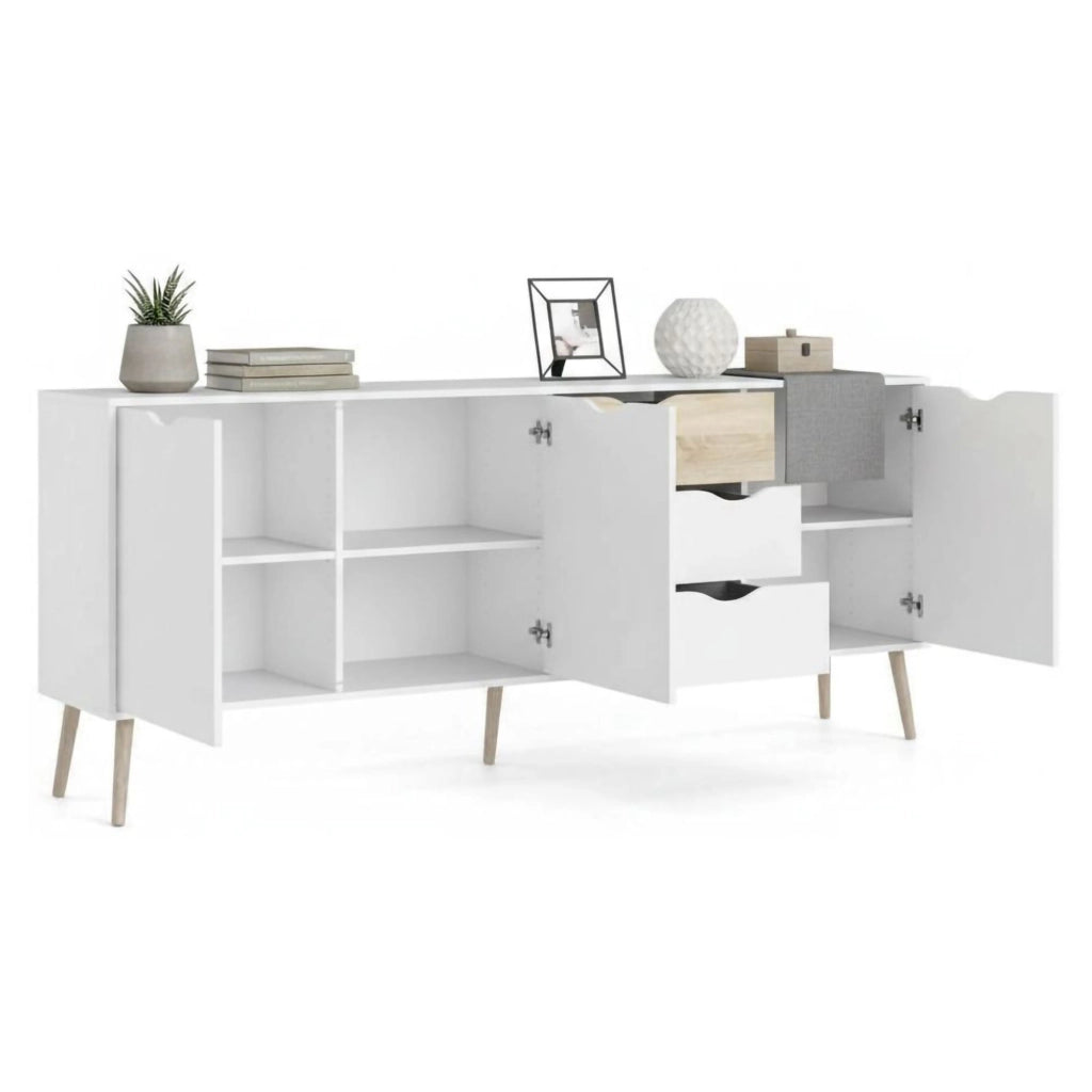 Credenza a tre a ante e tre Anima, colore bianco e rovere, Misure 195 x 81 x 39 cm