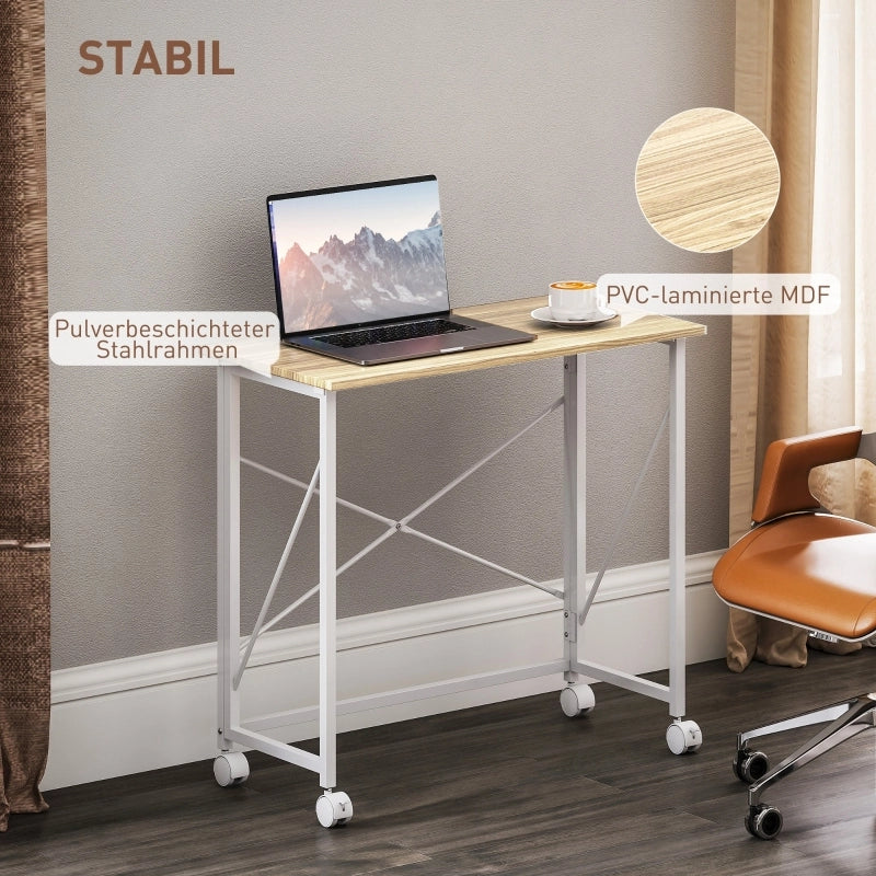 Scrivania pieghevole con 4 ruote e 2 freni, in MDF e acciaio, per piccoli spazi, naturale, 80 × 40 × 75 cm