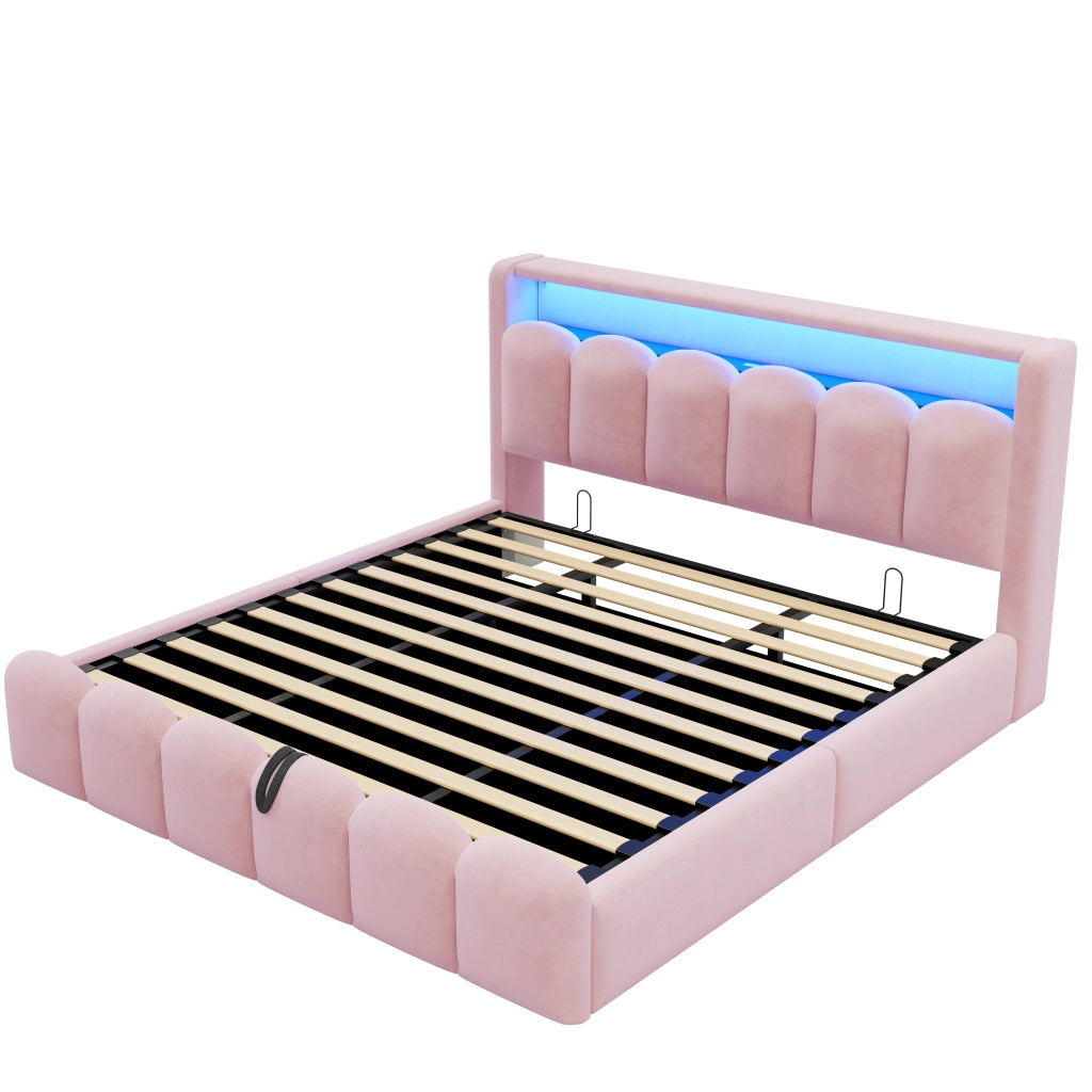 Letto matrimoniale imbottito 180x200 in velluto rosa con contenitore idraulico; LED e prese USB Type-C