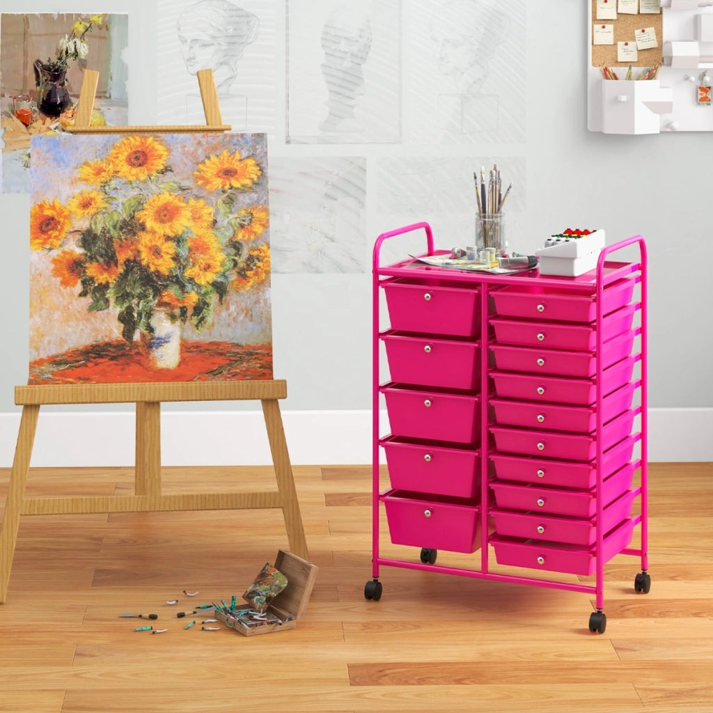 Carrello con 15 cassetti estraibili e ruote con freno, Carrello multiuso per casa ufficio scuola Rosa scuro-Armadi da ufficio