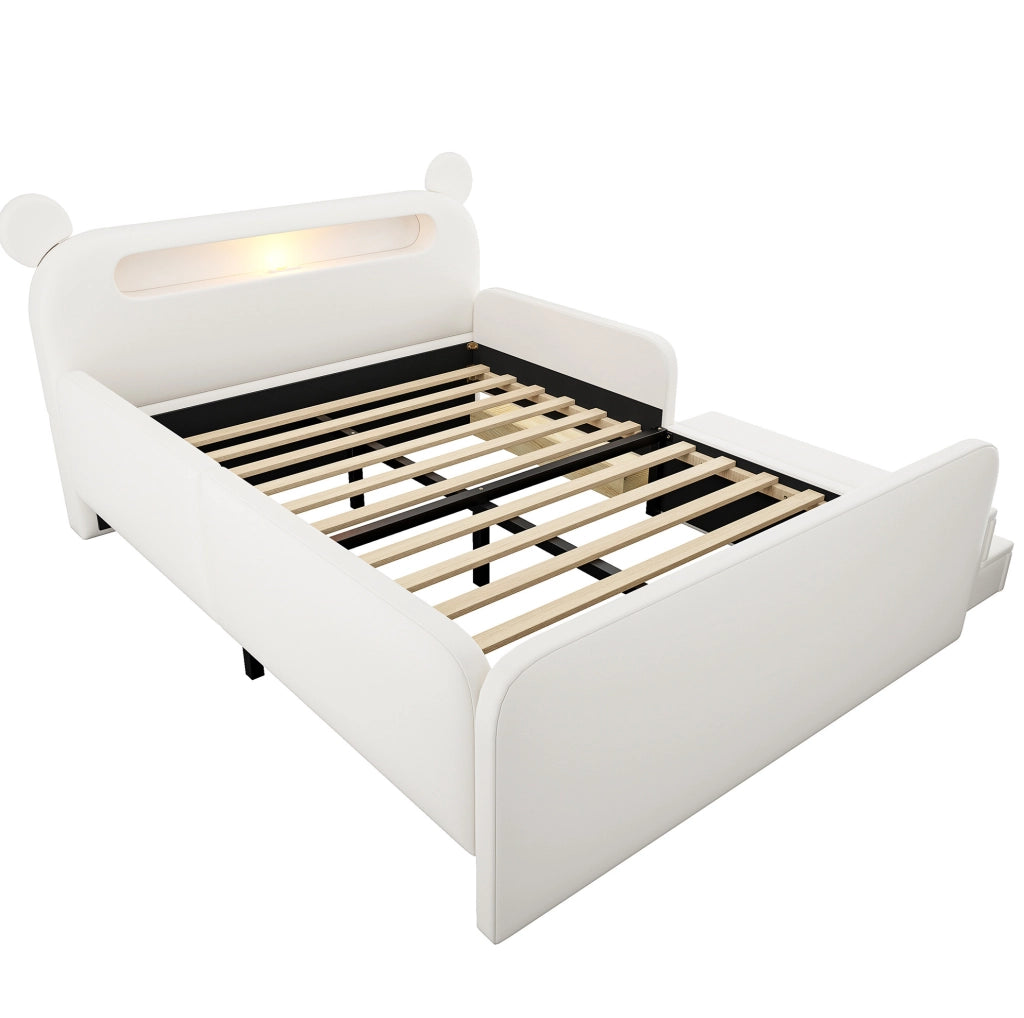 Letto imbottito per bambini 140x200 cm con testiera a orsetto, luce notturna e USB bianco