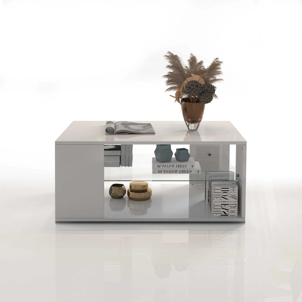 WHOUS Tavolino da caffè Egypt con ripiano in vetro bianco lucido 90x60x40 cm
