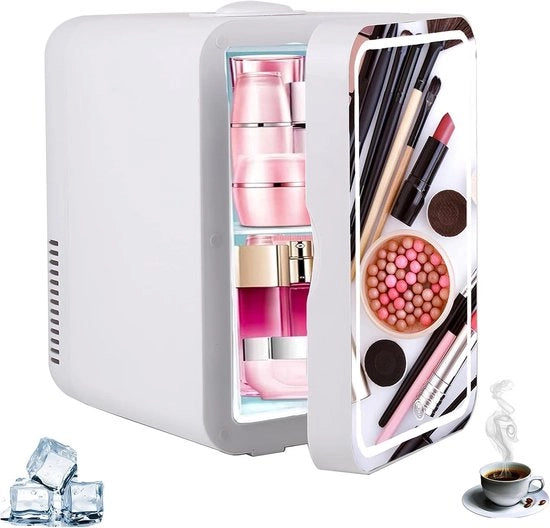 Mini frigorifero portatile con specchio di makeup LED - 8 litri frigorifero per cosmetici con funzione di raffreddamento e riscaldamento per auto, ufficio e camera da letto