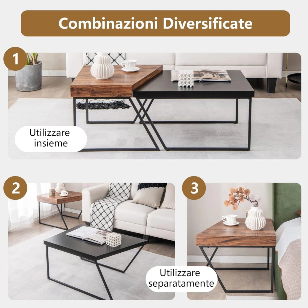 Tavolino Salotto con Gambe in Metallo Verniciato a Polvere, Tavolini da Divano Moderni e Impilabili, Tavolini Bassi da Divano per Soggiorno e Ufficio, Nero e Marrone