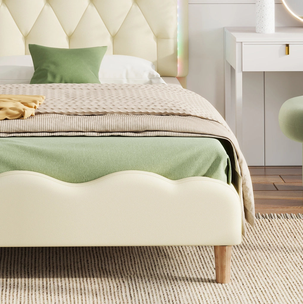 Letto singolo imbottito beige 90x200 cm con LED multicolore e testiera ondulata