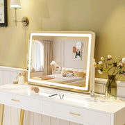 Speechio da Trucco con Luci Regolabile in Luminosità e a 3 Colori, Specchio da Tavolo con Specchio Ingrendimento 10X, Specchio da Trucco a Rotazione, 80 x 55 cm, Bianco