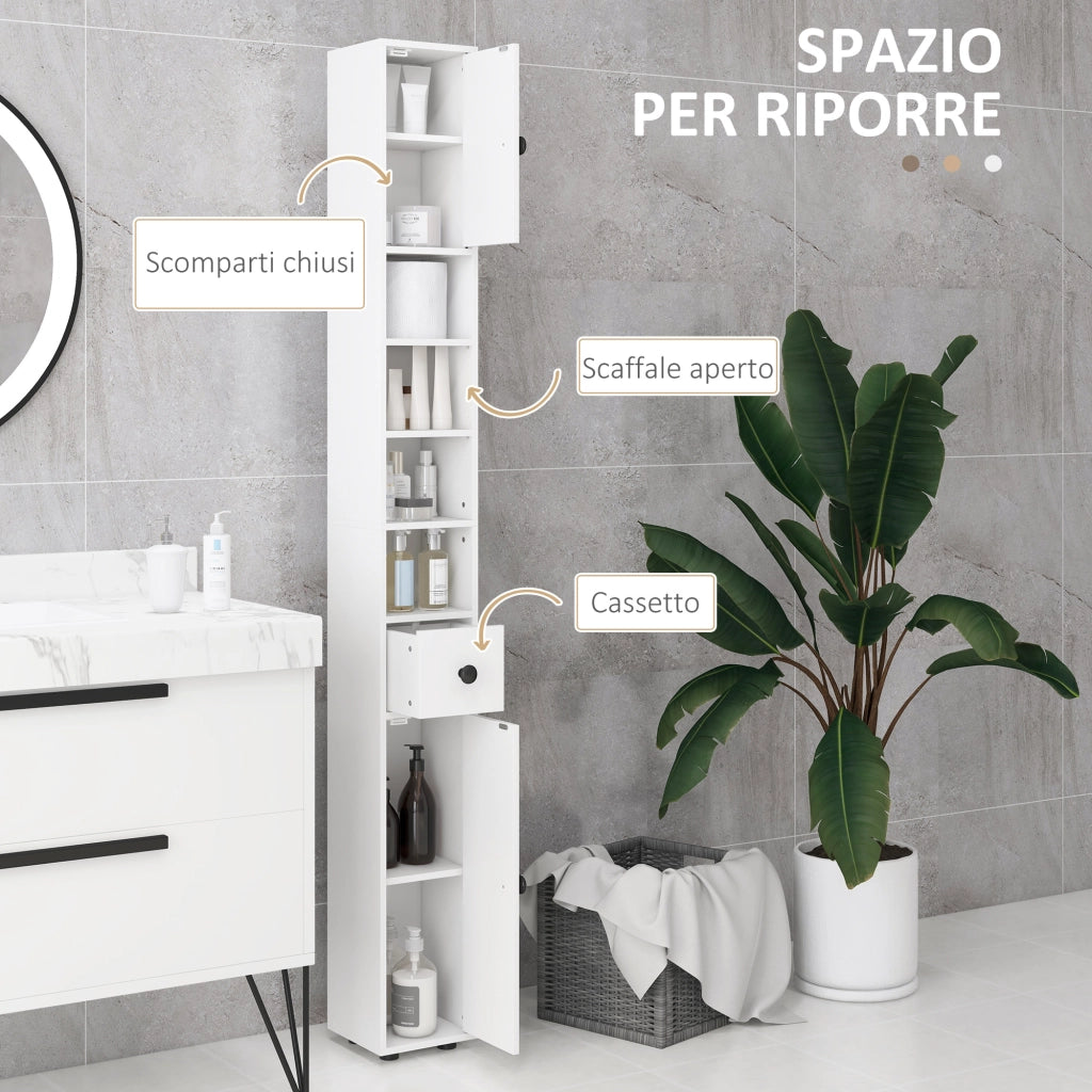 Mobile Bagno Colonna con Cassetto, Armadietti e Ripiani ¨C Minimal ¨C Legno Bianco 20x20x180 cm