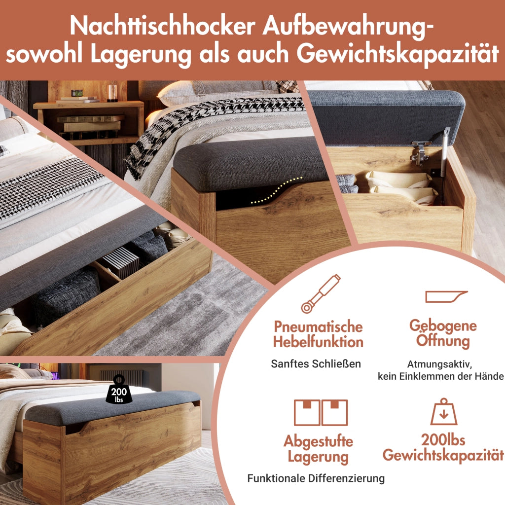 LETTO matrimoniale 180x200 cm Rovere con comodini, luci lettura e panca contenitore