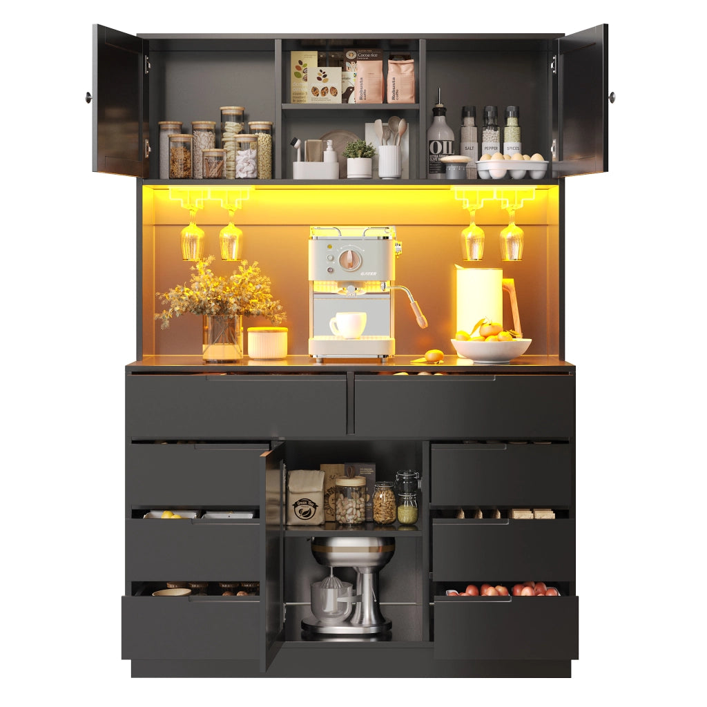 OKWISH Credenza Alta da Cucina con 8 Cassetti, Ripiani Regolabili e LED con USB, per Cucina, MDF, 120 x 40 x 183.5 cm