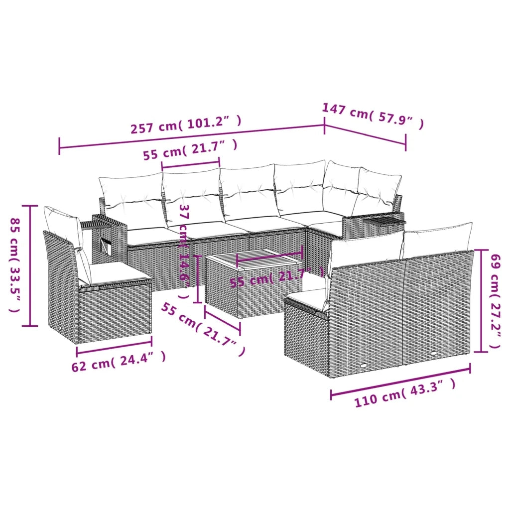 Set Divano da Giardino 9 pz con Cuscini Beige Misto Polyrattan 3256934