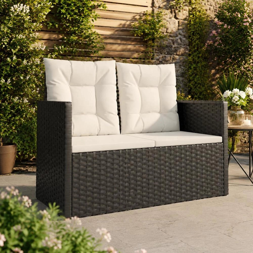 Garden Bench With Cushion, Black, 105 Cm, Poly Rattan