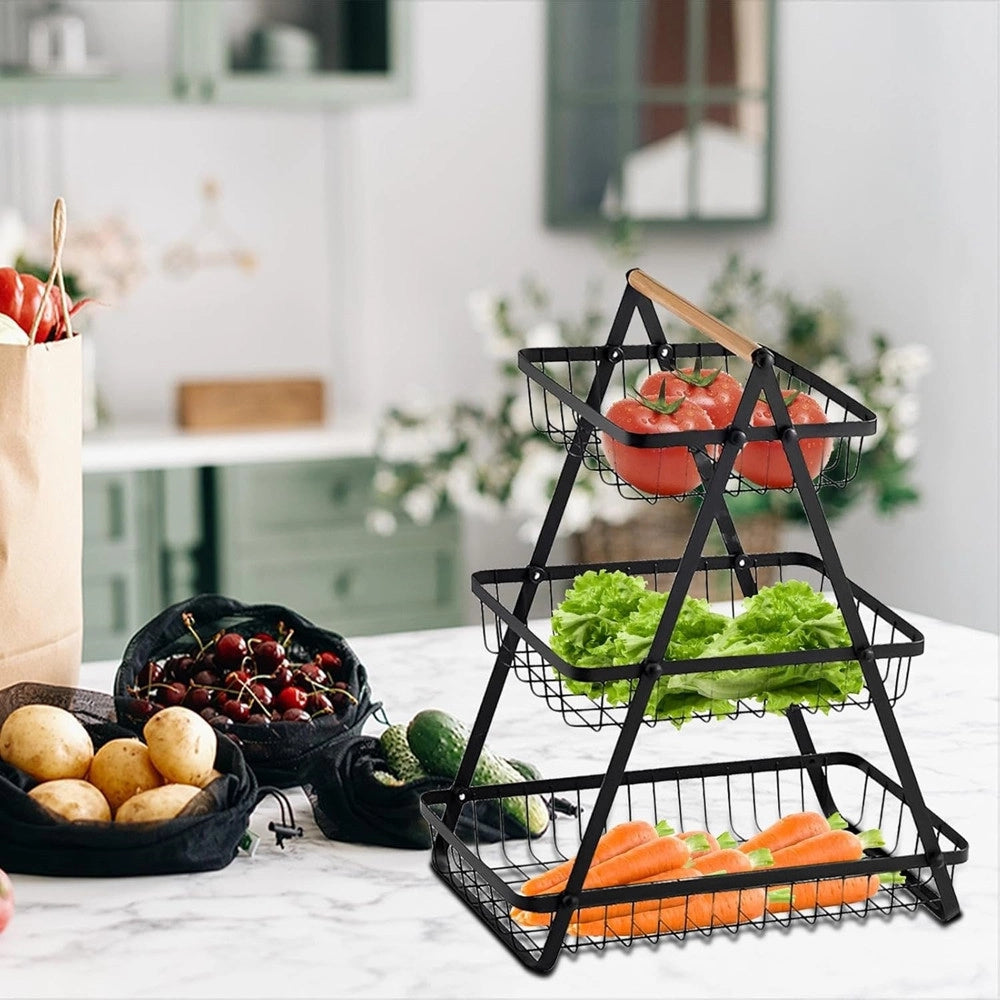 Trade Shop - Cestino Porta Frutta Rettangolare A 3 Ripiani Con Manico Legno Decorazione Cucina Casa -