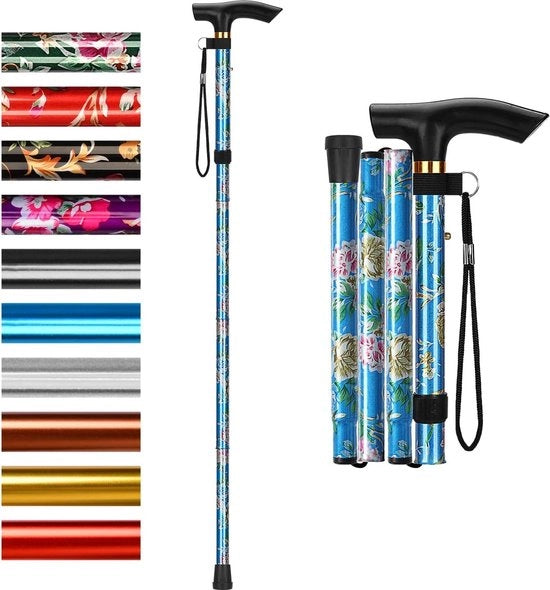 Staffa per passeggio pieghevole-5 livelli regolabile-Lightweight portatile-Wristband e manico T-anziani disabili Blu floreale