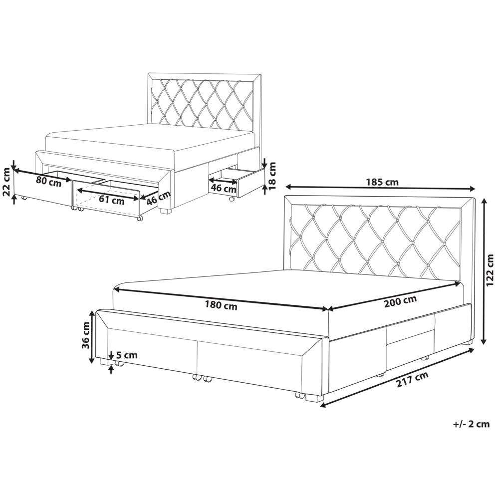 Letto contenitore tappezzeria in velluto blu 180 x 200 cm trapuntato testiera alta cassetti Glam Design