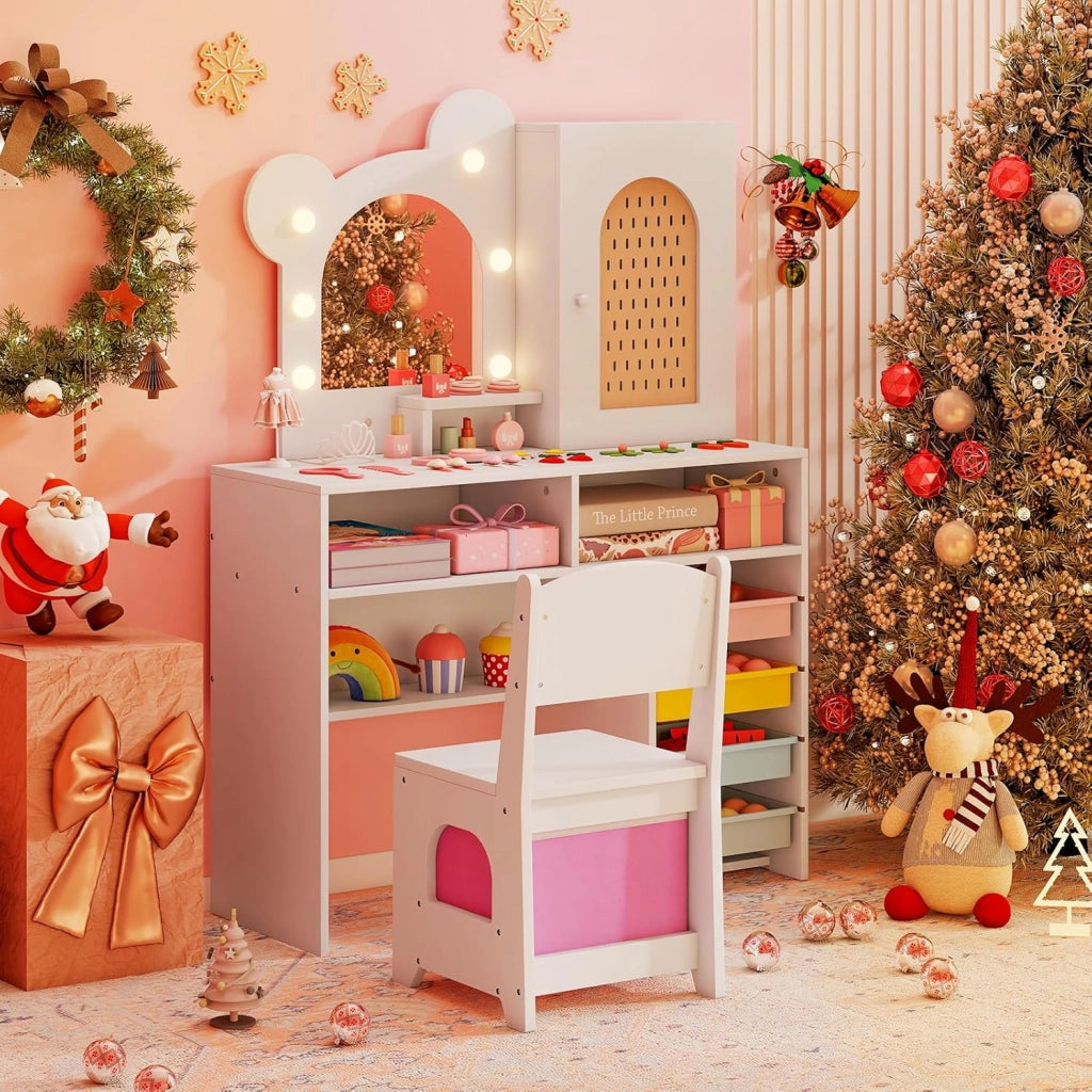 Toeletta per Bambine 3+ Anni, Set Tavolo e Sedia con Luci da Principessa con 5 Cassetti e 2 Scomparti, Armadietto con Porta e Scaffale Aperto, Ideale per Cameretta Bambina (Bianco)