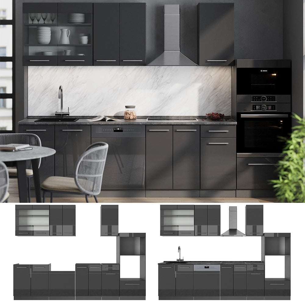 Vicco Cucina componibile Antracite lucido 300 cm con armadio alto, senza piano di lavoro
