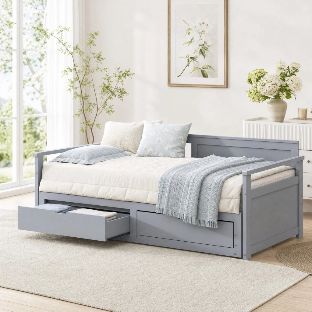 LETTO DAYBED 90x190/180x190 IN LEGNO MASSELLO GRIGIO CON CASSETTI E LETTO ESTRAIBILE