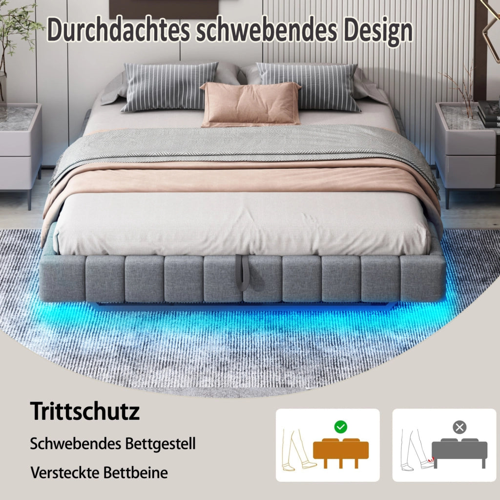 Letto imbottito 160x200 cm con effetto sospeso; contenitore e luci LED; grigio