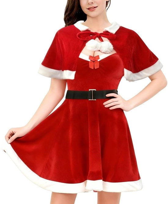 Costume da Natale per Signora - Abito di Miss Santa - Cappuccio - Cinturino - 3 Pezzi - Poliestere di Alta Qualità - Outfit di Natale