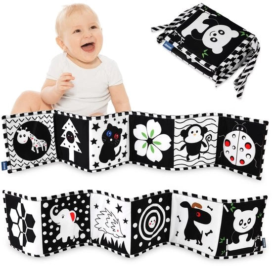 Libretto di Stoffa per Bambini - Libro Tattile - Stoffa con Carta con Rilievo - Stile Animali Bianco-Nero - Libro di Gioco - Adatto per Neonati