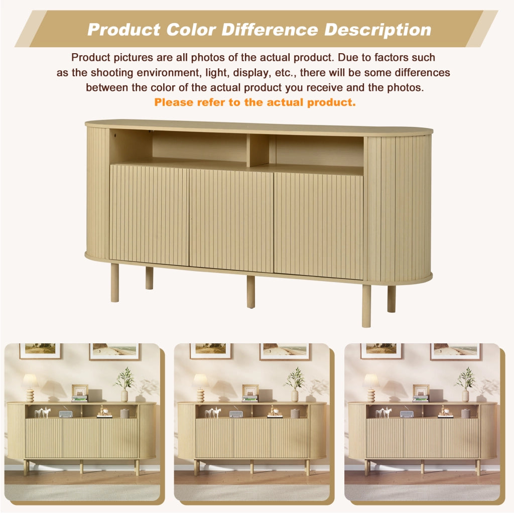Credenza e madia con 3 ante a onde e vani aperti, per soggiorno, in truciolare, naturale, 160 × 40 × 78,5 cm