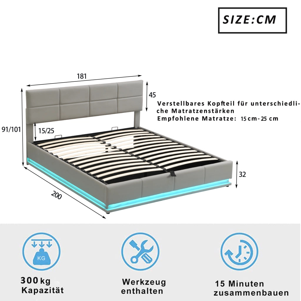Letto Contenitore Matrimoniale 180x200 cm; LED e Testiera Regolabile in PU Grigio