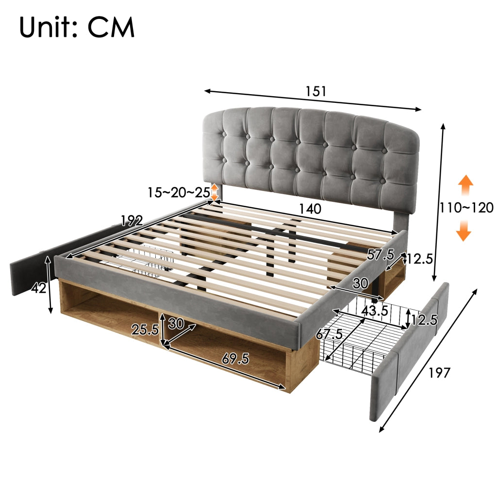 Letto contenitore 140 × 190 cm con testiera regolabile, cassetti e ripiani, senza materasso, in velluto grigio