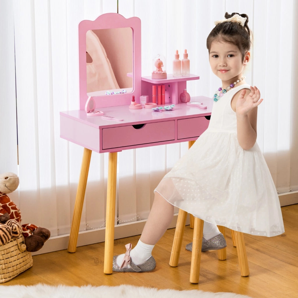 Postazione trucco bambina 2 in 1 toeletta e sgabello in legno per bambine, Postazione di compleanno natale per bambine Rosa scuro-Toelette per bimbi