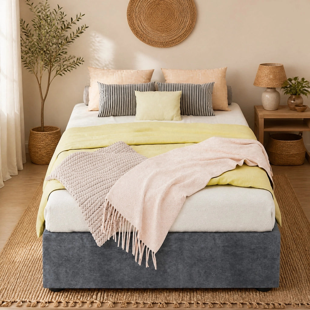 Letto singolo imbottito con contenitore pneumatico 90x200 cm; grigio