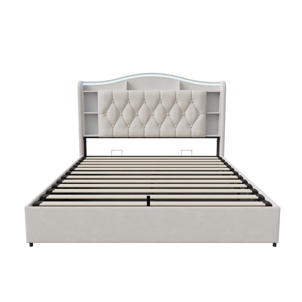 Letto a molle a sollevamento idraulico, testiera velluto beige, con luci LED RGB, stazioni di ricarica USB e wireless, scomparti porta oggetti, 160x200 cm
